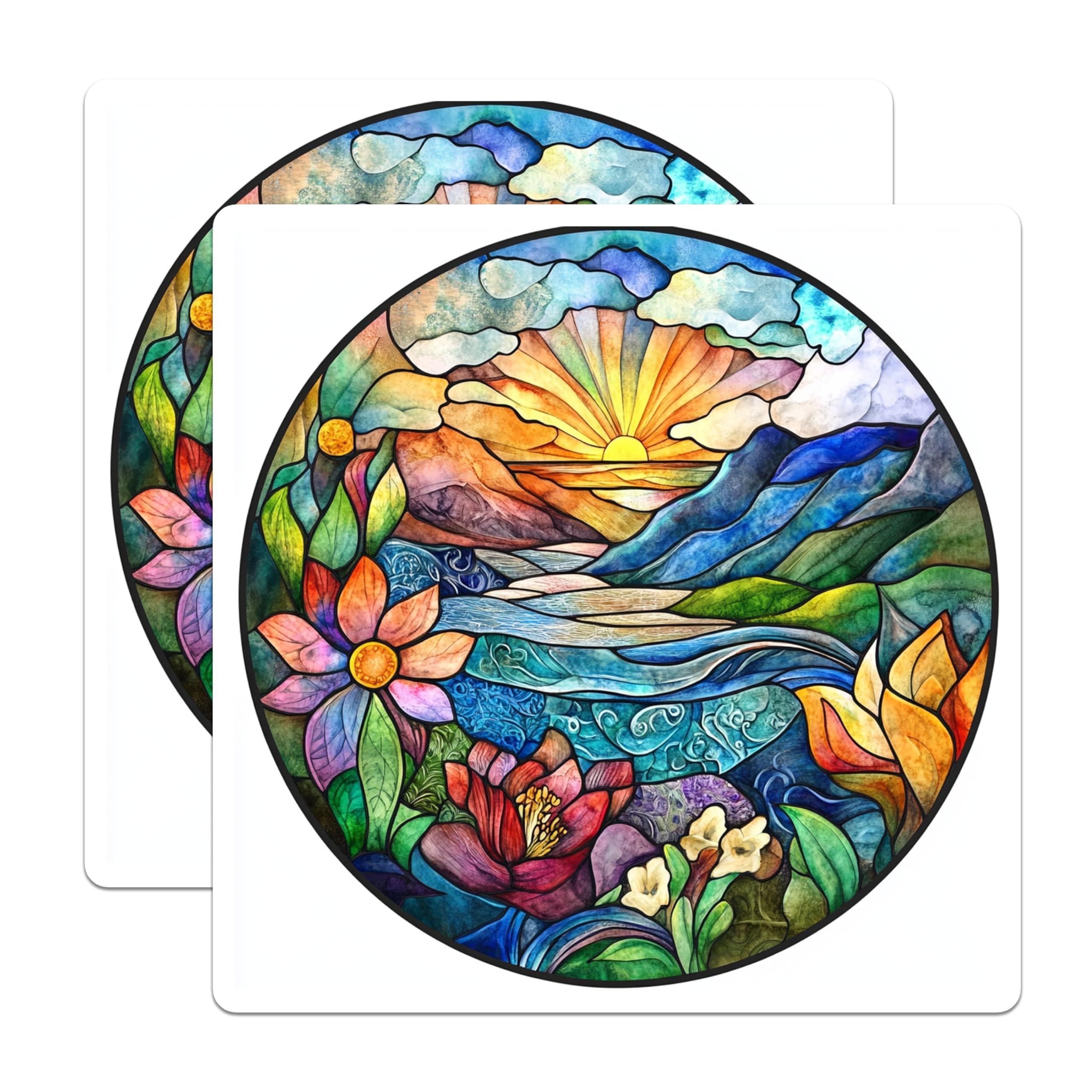 (2 Pack) Stained Glass Art Magnets - Nature Landscape Decor - Boho Floral Sun Mountain River Scene - 5 Inches On Longest Side - Thick Durable Magnet - Made in USA - MAG29483