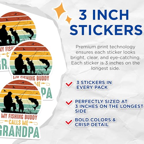 (3 Pack) Fishing Grandpa Decals - Fishing Buddy - Grandparent Decals - 3 Inches On Longest Side - Easy Peel & Apply - Made in USA - 3MCS2919