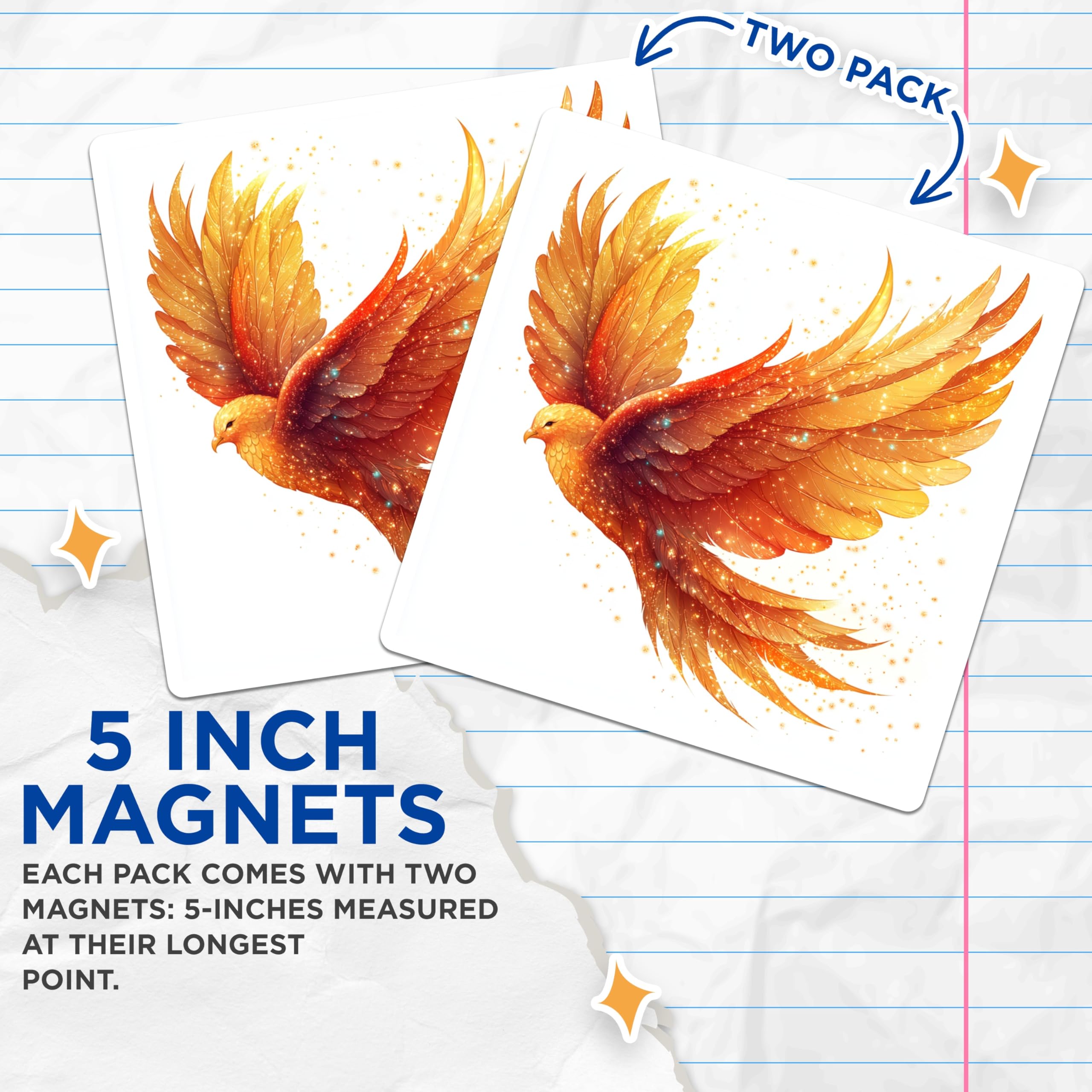 (2 Pack) Phoenix Magnets - Fantasy Firebird Art - Rebirth Symbolism - Golden Wings Decor - 5 Inches On Longest Side - Thick Durable Magnet - Made in USA - MAG25309