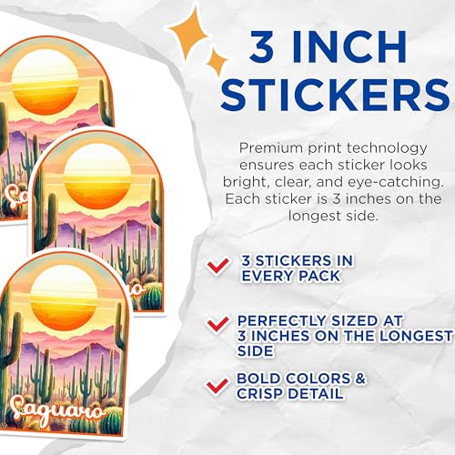 (3 Pack) Saguaro Cactus Decals - Desert Sunset - Arizona Laptop Decals - 3 Inches On Longest Side - Easy Peel & Apply - Made in USA - 3MCS0423
