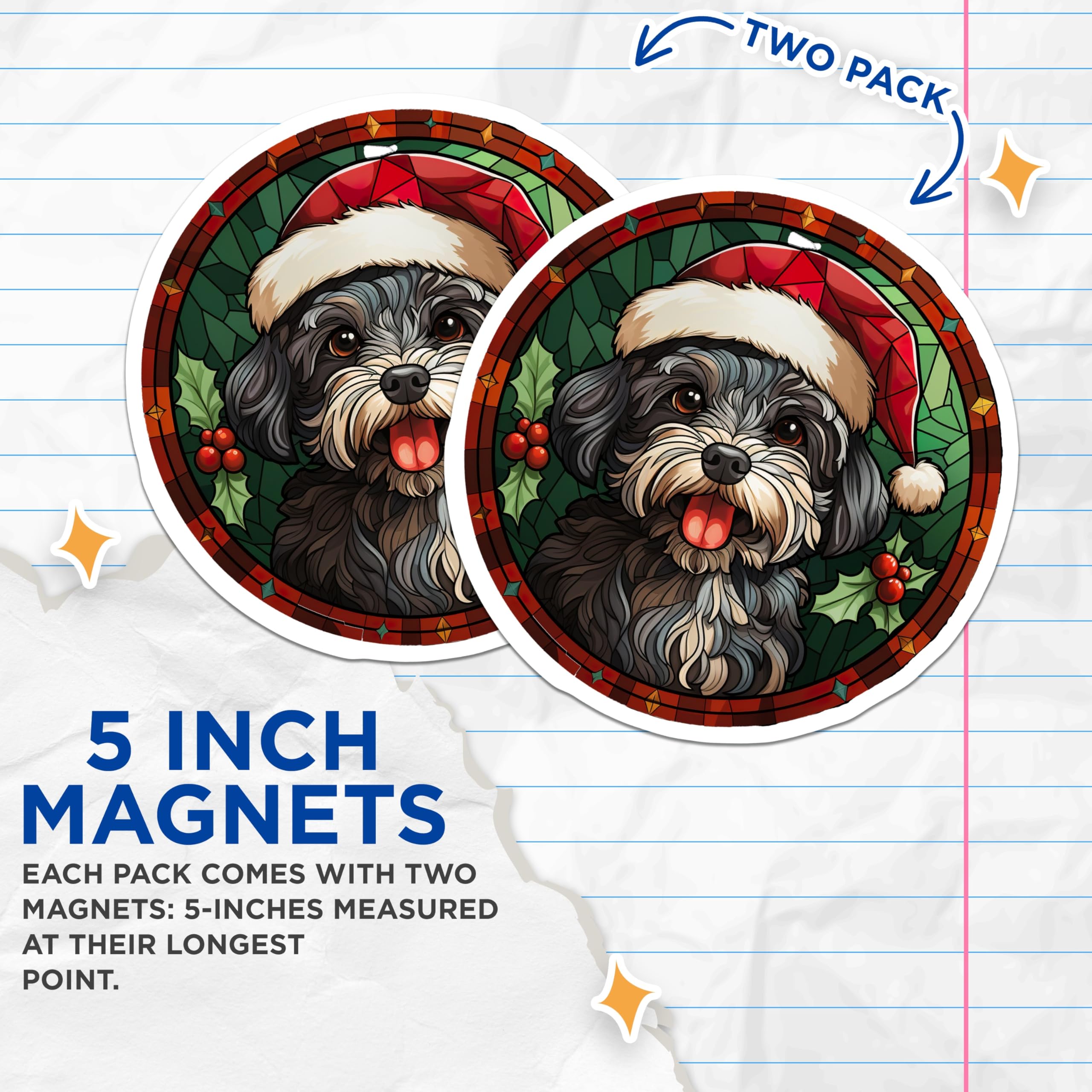 (2 Pack) Stained Glass Christmas Dog Magnets - Santa Hat Puppy Holiday Pet Decor - Animal Lover Fridge Decor for Dog Owners - 5 Inches On Longest Side - Thick Durable Magnet - Made in USA - MAG26590