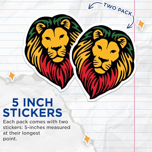 (2 Pack) Lion Head Stickers - Rasta Lion Design - Reggae Lion King Decal - 5" On Longest Side - Sticks to Smooth Flat Surfaces - Made in USA - BMCS6224