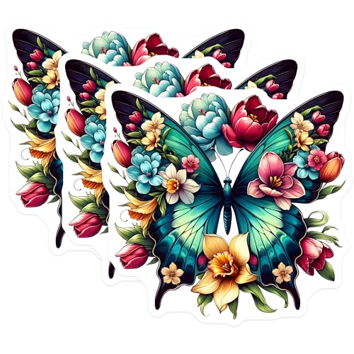 (3 Pack) Floral Butterfly Decals - Laptop Decals - Flower Stickers - 3 Inches On Longest Side - Easy Peel & Apply - Made in USA - 3MCS0066