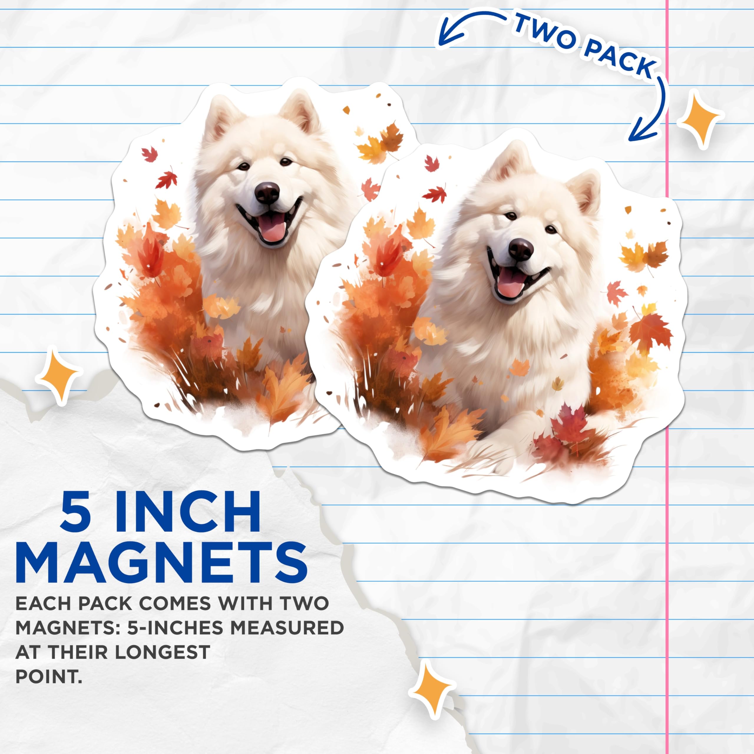 (2 Pack) Samoyed Dog Magnets - Happy Pup Autumn Leaves - Fall Decor Refrigerator - 5 Inches On Longest Side - Thick Durable Magnet - Made in USA - MAG24582