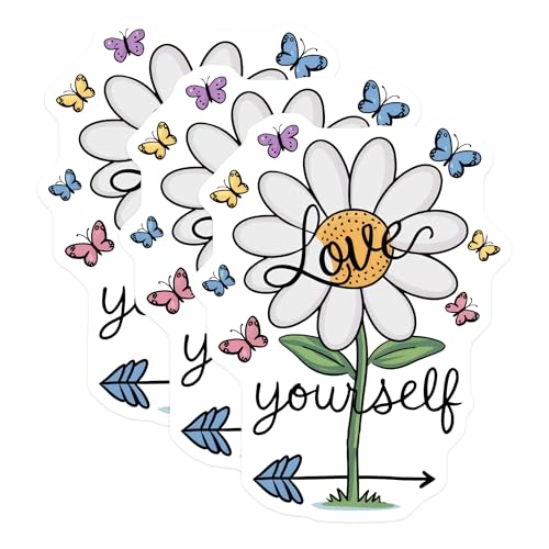 (3 Pack) Love Yourself Daisy Decals - Positive Affirmation - Butterfly Flower Art - 3 Inches On Longest Side - Easy Peel & Apply - Made in USA - 3MCS7718