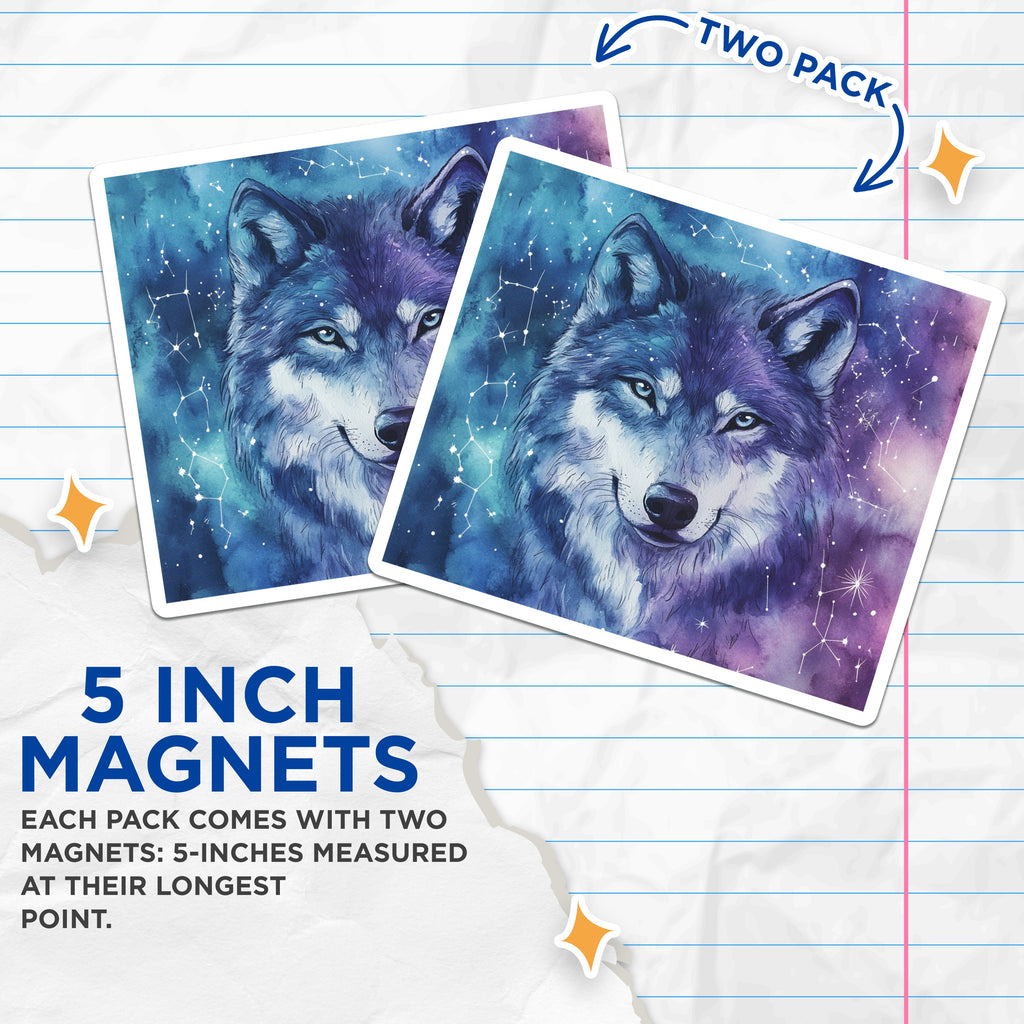 (2 Pack) Watercolor Wolf Magnets - Galaxy Animal Art - Celestial Spirit Decor Fridge Locker - 5 Inches On Longest Side - Thick Durable Magnet - Made in USA - MAG38343
