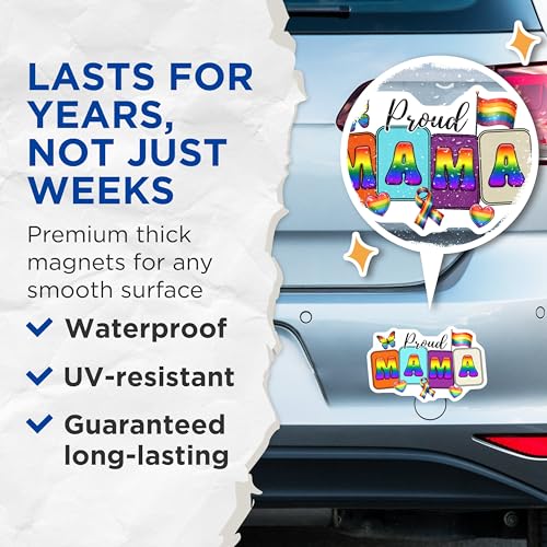 (2 Pack) Proud Mama Magnets - Rainbow Decoration - LGBTQ Pride - 5" On Longest Side - for Cars, Fridges, Toolboxes - Made in USA - MAG8264