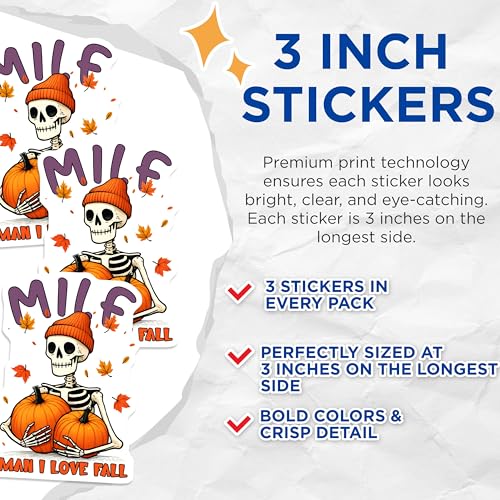 (3 Pack) Milf Man I Love Fall Decals - Skeleton with Pumpkins - Autumn Laptop Decal - 3 Inches On Longest Side - Easy Peel & Apply - Made in USA - 3MCS8528