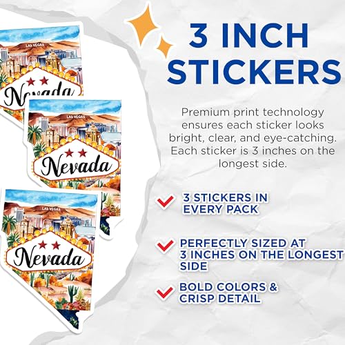 (3 Pack) Nevada Las Vegas Decals - Travel Souvenir - Laptop Decal- 3 Inches On Longest Side - Easy Peel & Apply - Made in USA - 3MCS5058