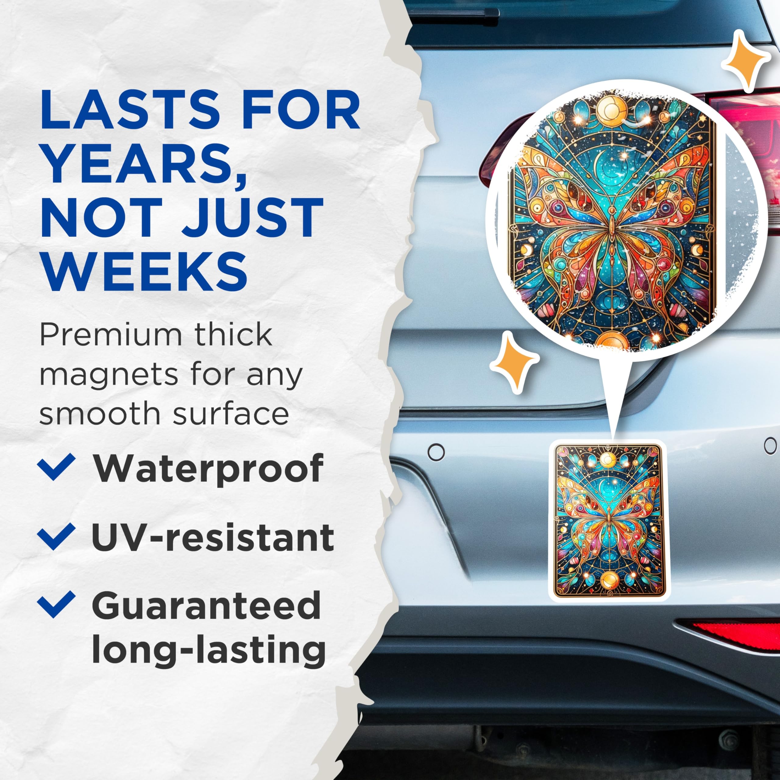 (2 Pack) Stained Glass Butterfly Magnets - Vibrant Celestial Moth Art - Cosmic Starry Fridge Locker Kitchen Decor - 5 Inches On Longest Side - Thick Durable Magnet - Made in USA - MAG20518