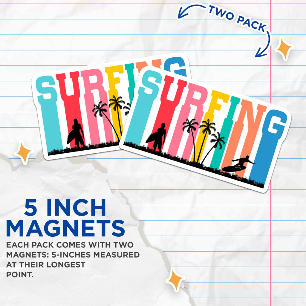 (2 Pack) Surfing Magnets - Colorful Beach Vibes - Tropical Ocean Decor - Summer Adventure Art - 5 Inches On Longest Side - Thick Durable Magnet - Made in USA - MAG20419