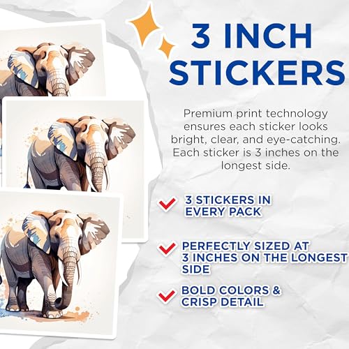 (3 Pack) Elephant Decals - Watercolor Animal Stickers - Laptop Decorations - 3 Inches On Longest Side - Easy Peel & Apply - Made in USA - 3MCS7445