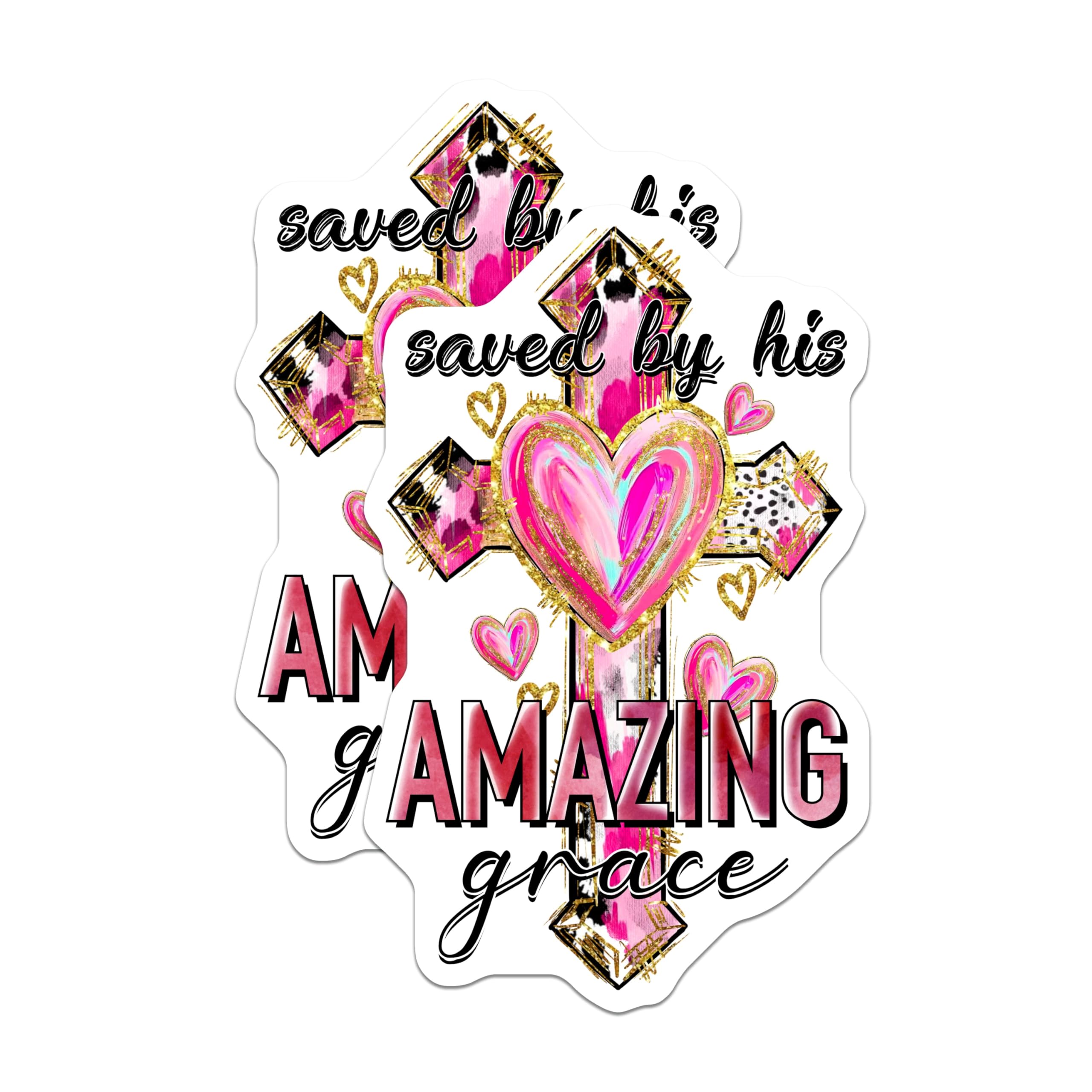 (2 Pack) Saved By Grace Magnets - Christian Inspirational Decor - Pink Gold Cross Art - 5 Inches On Longest Side - Thick Durable Magnet - Made in USA - MAG26794