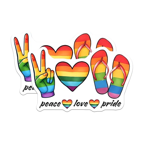 (2 Pack) Peace Love Pride Stickers - Rainbow Hand Heart Flip Flops - LGBTQ - 5" On Longest Side - Sticks to Smooth Flat Surfaces - Made in USA - BMCS8276