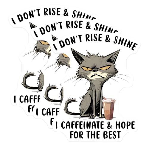 (3 Pack) Funny Cat Decals - I Caffeinate Hope - Grumpy Cat Laptop Decal - 3 Inches On Longest Side - Easy Peel & Apply - Made in USA - 3MCS6582