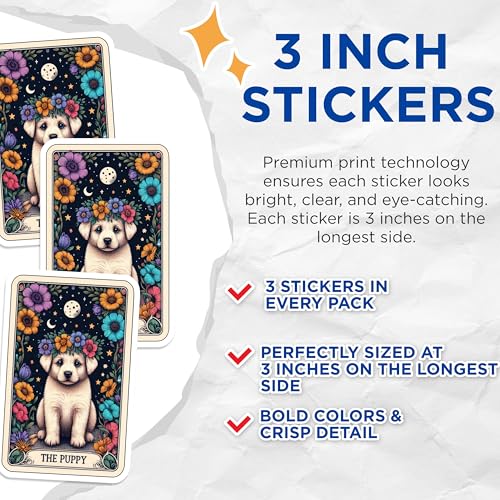 (3 Pack) Puppy Tarot Card Decals - Floral Crown Dog - Cute Laptop Decal - 3 Inches On Longest Side - Easy Peel & Apply - Made in USA - 3MCS4251