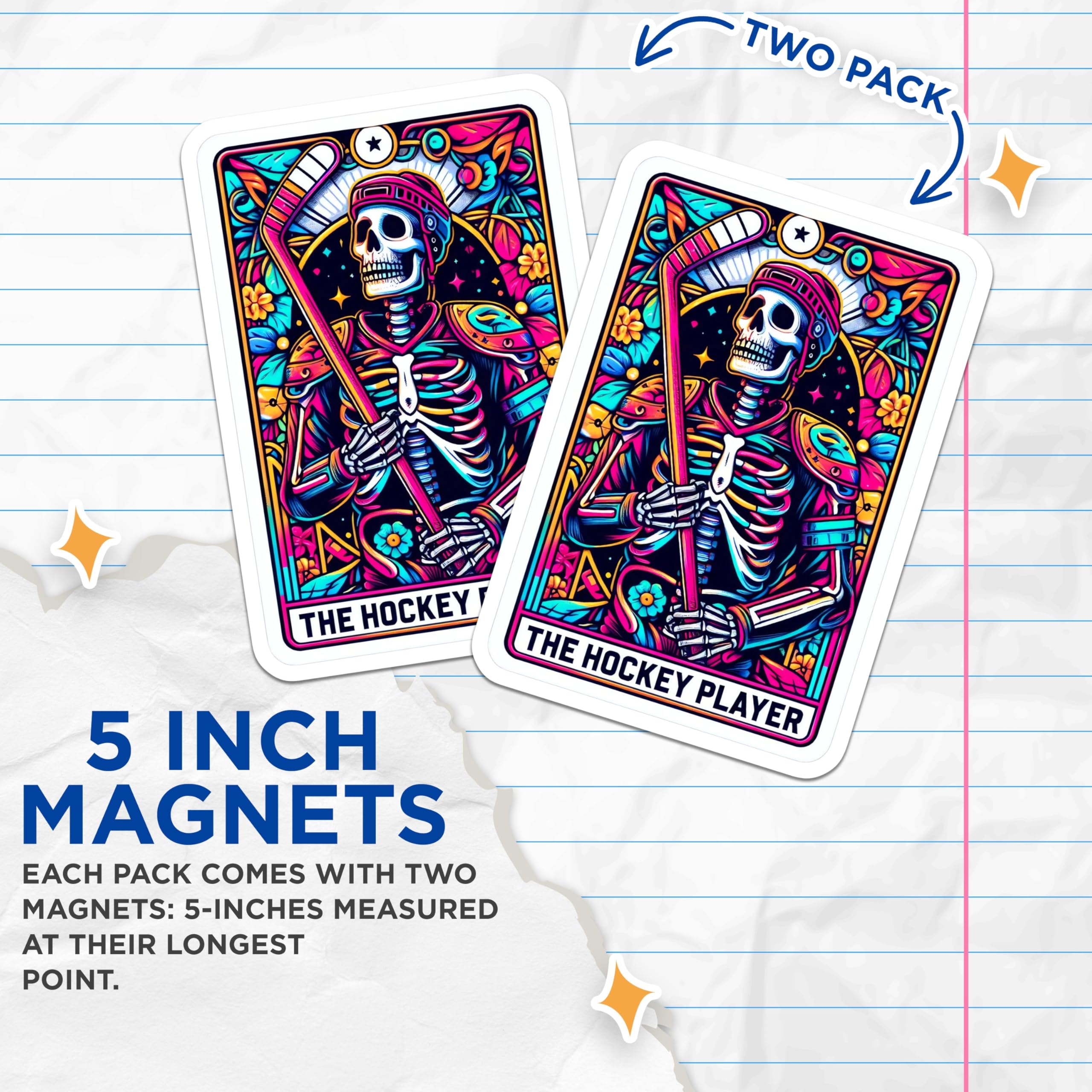 (2 Pack) Hockey Skeleton Magnets - Vibrant Neon Sports Decor - Dia de Los Muertos Player Artwork - Unique Athletic Display - 5 Inches On Longest Side - Thick Durable Magnet - Made in USA - MAG24608