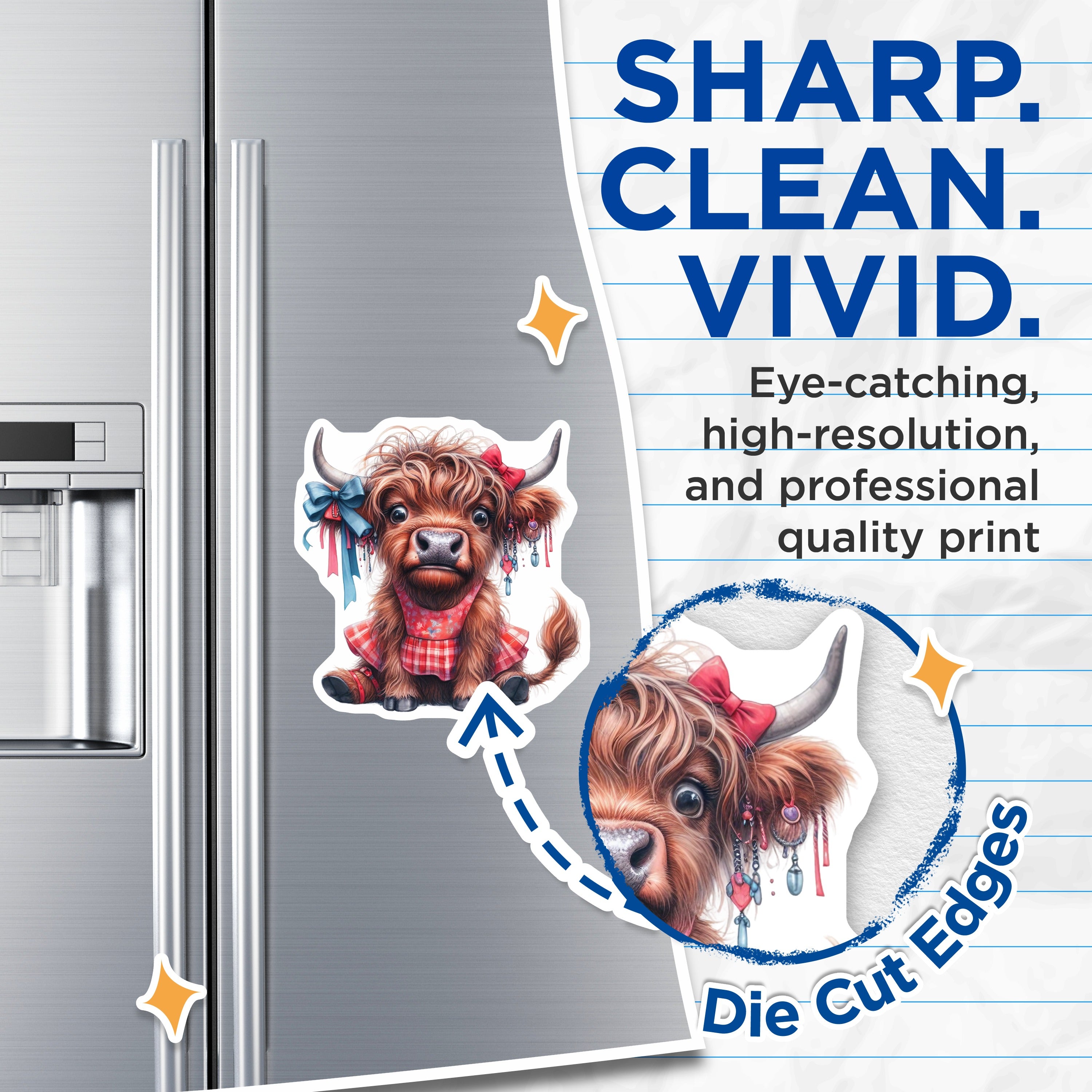 (2 Pack) Cute Highland Cow Magnets - Farm Animal Decor - Refrigerator Art for Home - 5 Inches On Longest Side - Thick Durable Magnet - Made in USA - MAG37982