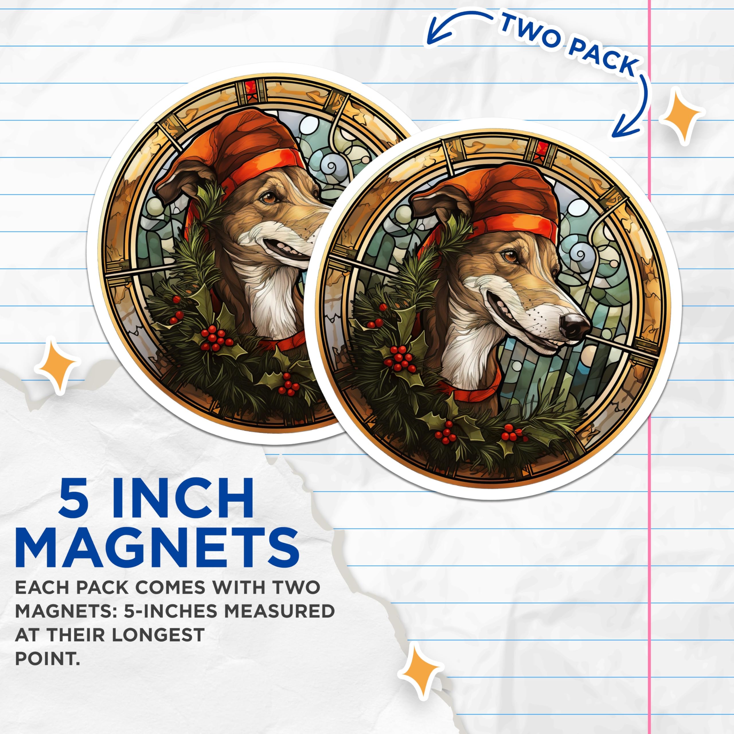 (2 Pack) Christmas Dog Magnets - Stained Glass Holiday Decor - Festive Sighthound Pet Lover Artwork - 5 Inches On Longest Side - Thick Durable Magnet - Made in USA - MAG30136