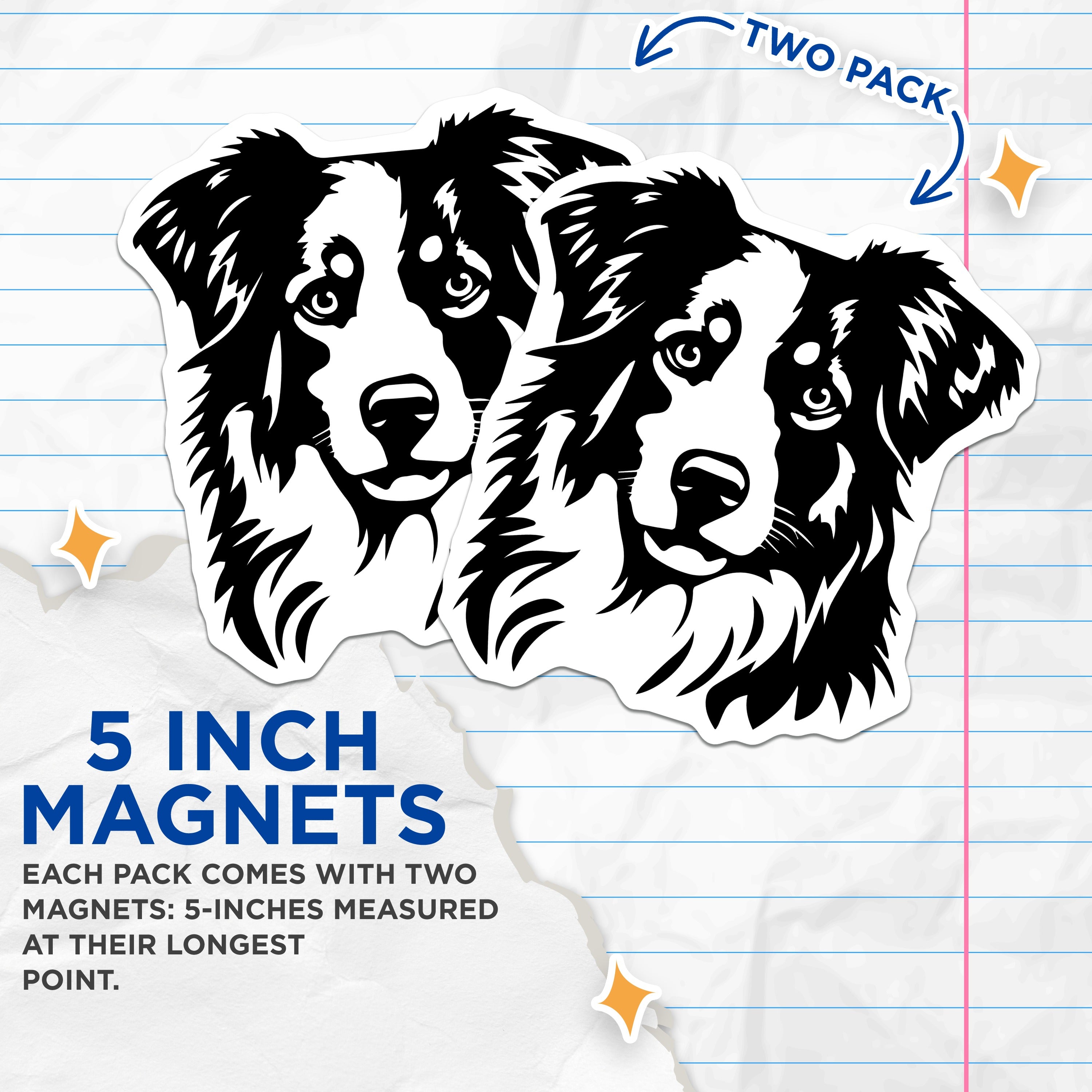 (2 Pack) Australian Shepherd Magnets - Aussie Dog Face Art - Pet Owner Refrigerator Decor - Animal Lover Canine Breed - 5 Inches On Longest Side - Thick Durable Magnet - Made in USA - MAG36445