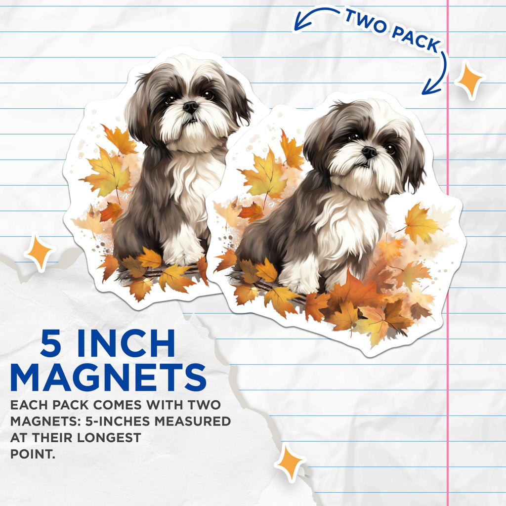 (2 Pack) Shih Tzu Magnets - Autumn Leaves Dog Art - Fall Pet Lover Refrigerator Decor - Cute Animal Magnets - 5 Inches On Longest Side - Thick Durable Magnet - Made in USA - MAG27729