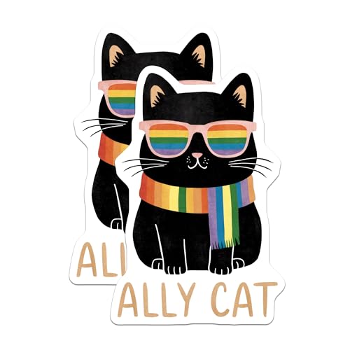 (2 Pack) Ally Cat Stickers - Rainbow Cat - LGBTQ Pride - 5" On Longest Side - Sticks to Smooth Flat Surfaces - Made in USA - BMCS9543