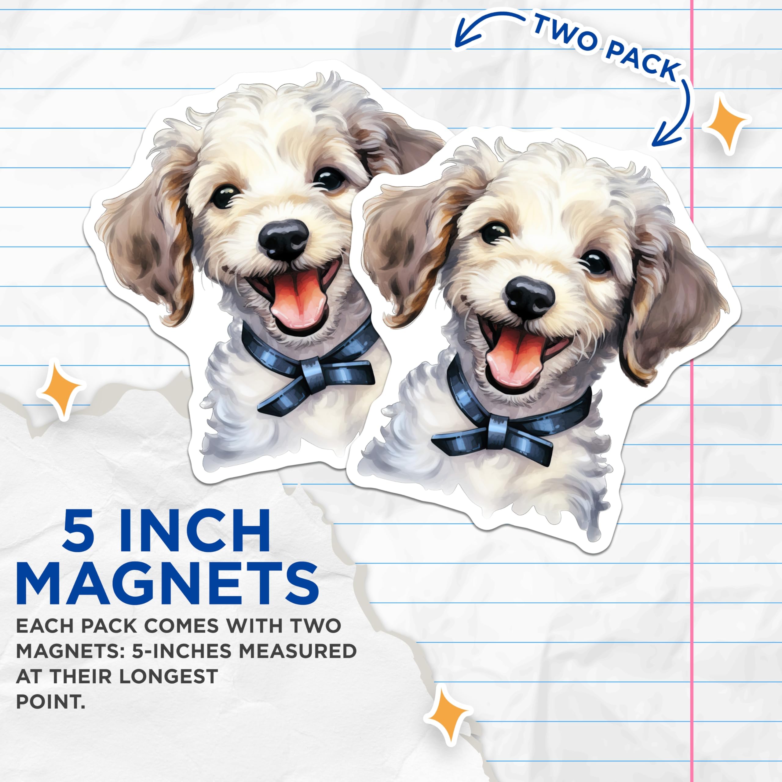 (2 Pack) Cute Fluffy Puppy Magnets - Happy Dog Decor - Pet Lover Accessory - 5 Inches On Longest Side - Thick Durable Magnet - Made in USA - MAG23942