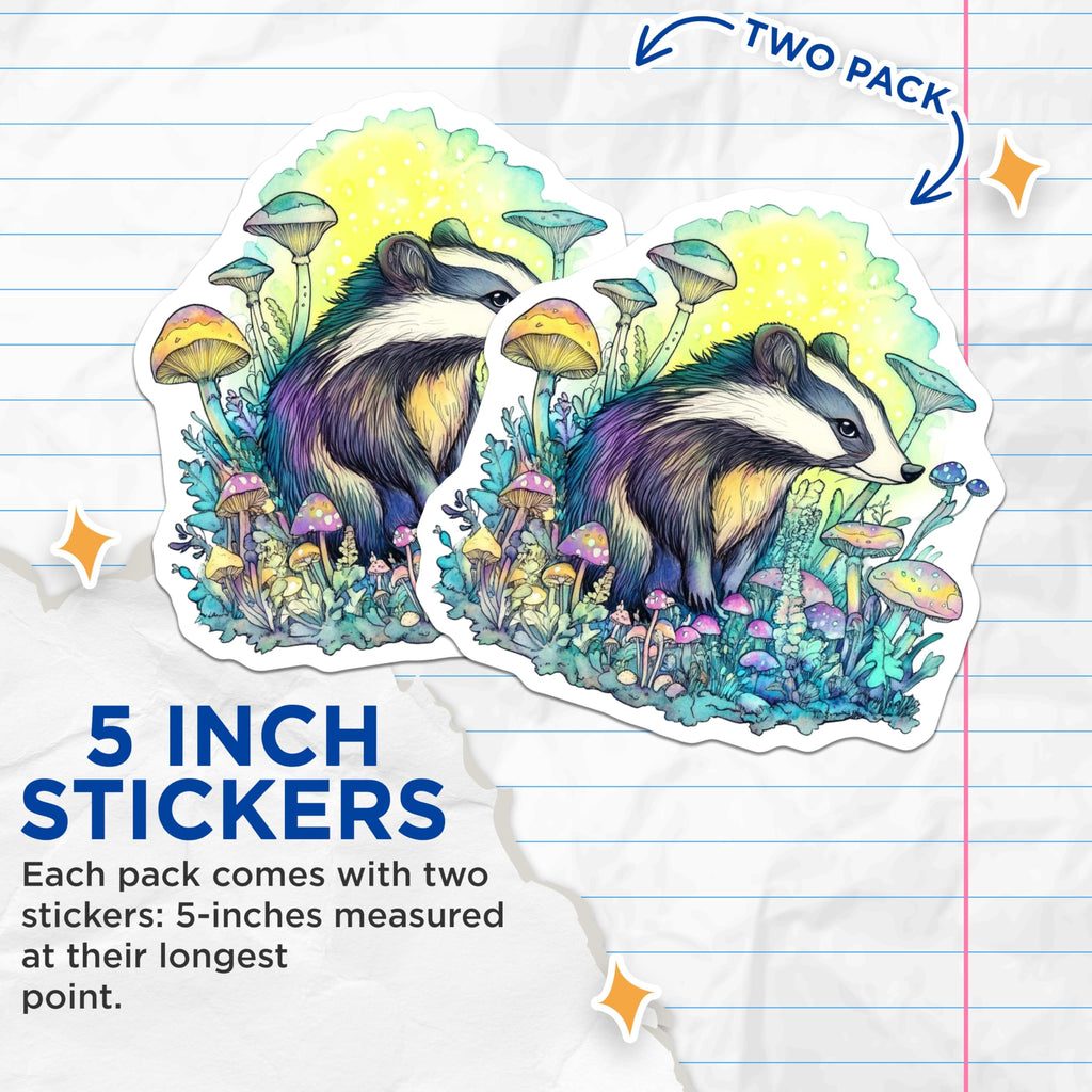(2 Pack) Badger Stickers - Mushroom Art - Woodland Creature Decals- 5" On Longest Side - Sticks to Smooth Flat Surfaces - Made in USA - BMCS16167
