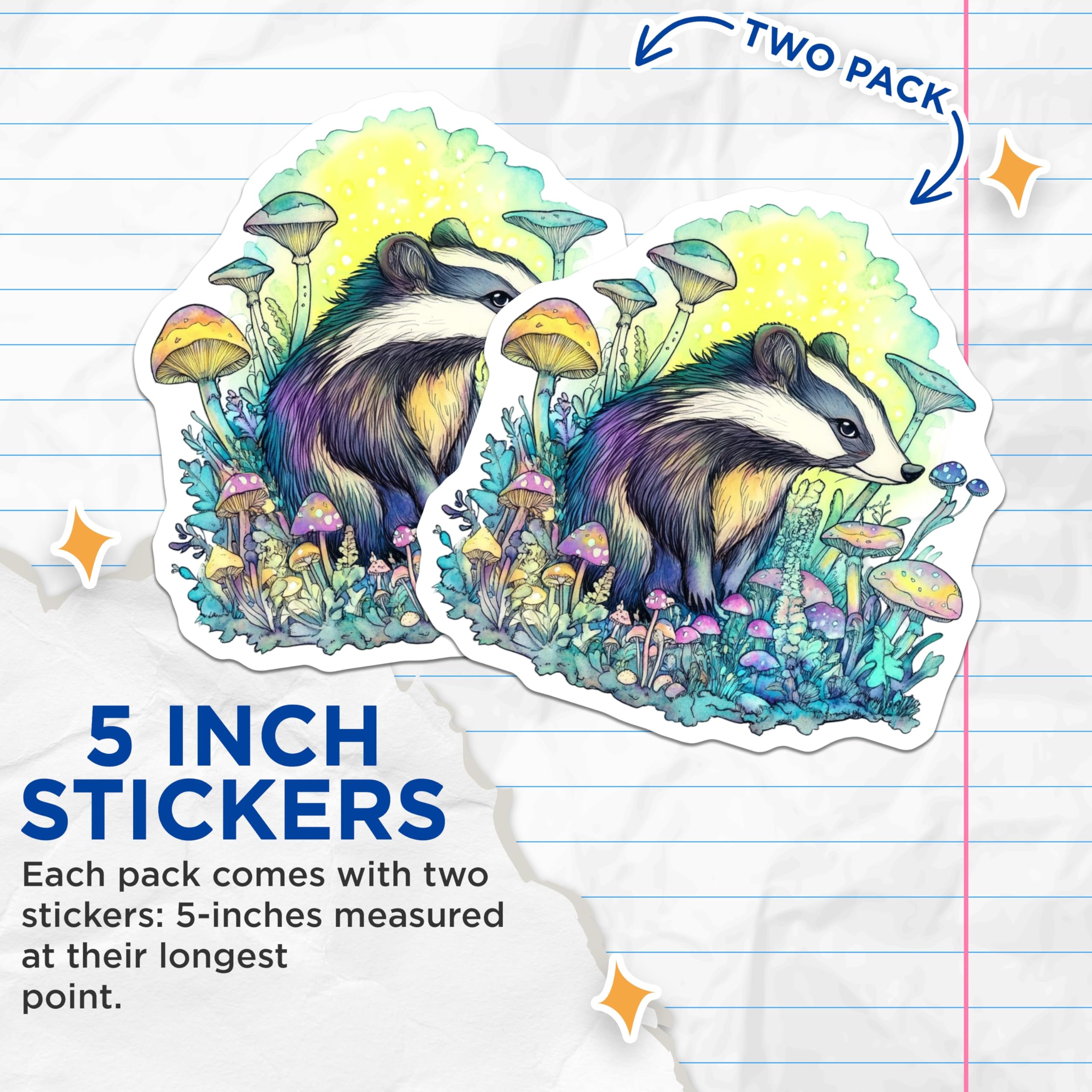 (2 Pack) Badger Stickers - Mushroom Art - Woodland Creature Decals- 5" On Longest Side - Sticks to Smooth Flat Surfaces - Made in USA - BMCS16167