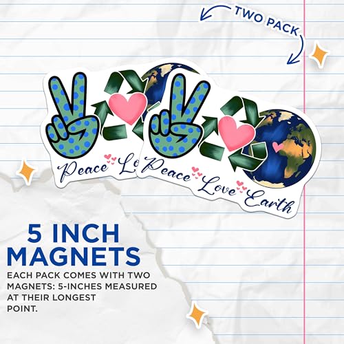 (2 Pack) Peace Love Earth Magnets Magnets - Eco Friendly Decor - 5" On Longest Side - Made in USA - Sticks to Refrigerators & Metal Surfaces - MAG8454