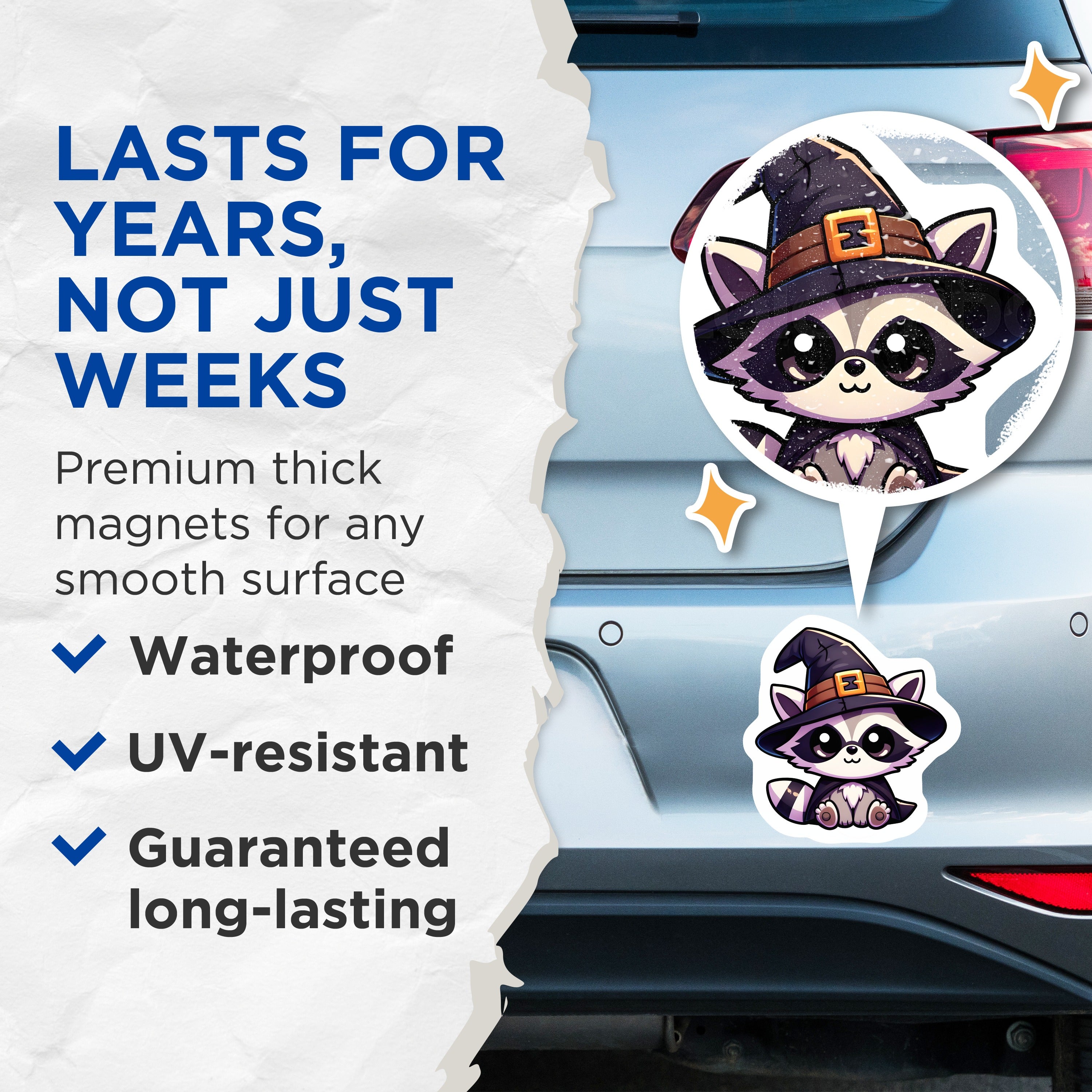 (2 Pack) Cute Witch Raccoon Magnets - Halloween Animal Decor - Spooky Kawaii Fridge Magnets - 5 Inches On Longest Side - Thick Durable Magnet - Made in USA - MAG37656