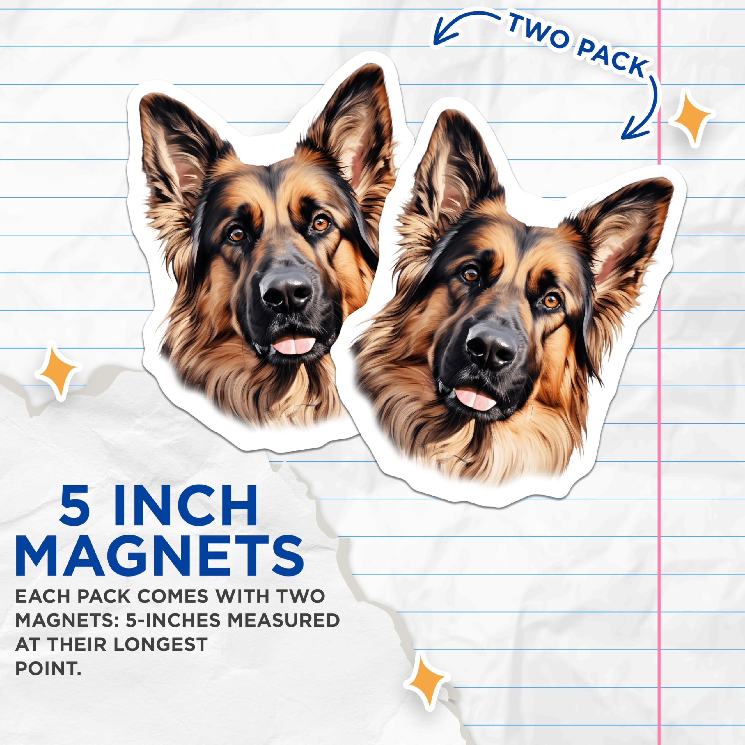 (2 Pack) German Shepherd Dog Magnets - Realistic Canine Art - Pet Lover Home Accent for Dog Mom Dad - 5 Inches On Longest Side - Thick Durable Magnet - Made in USA - MAG28365