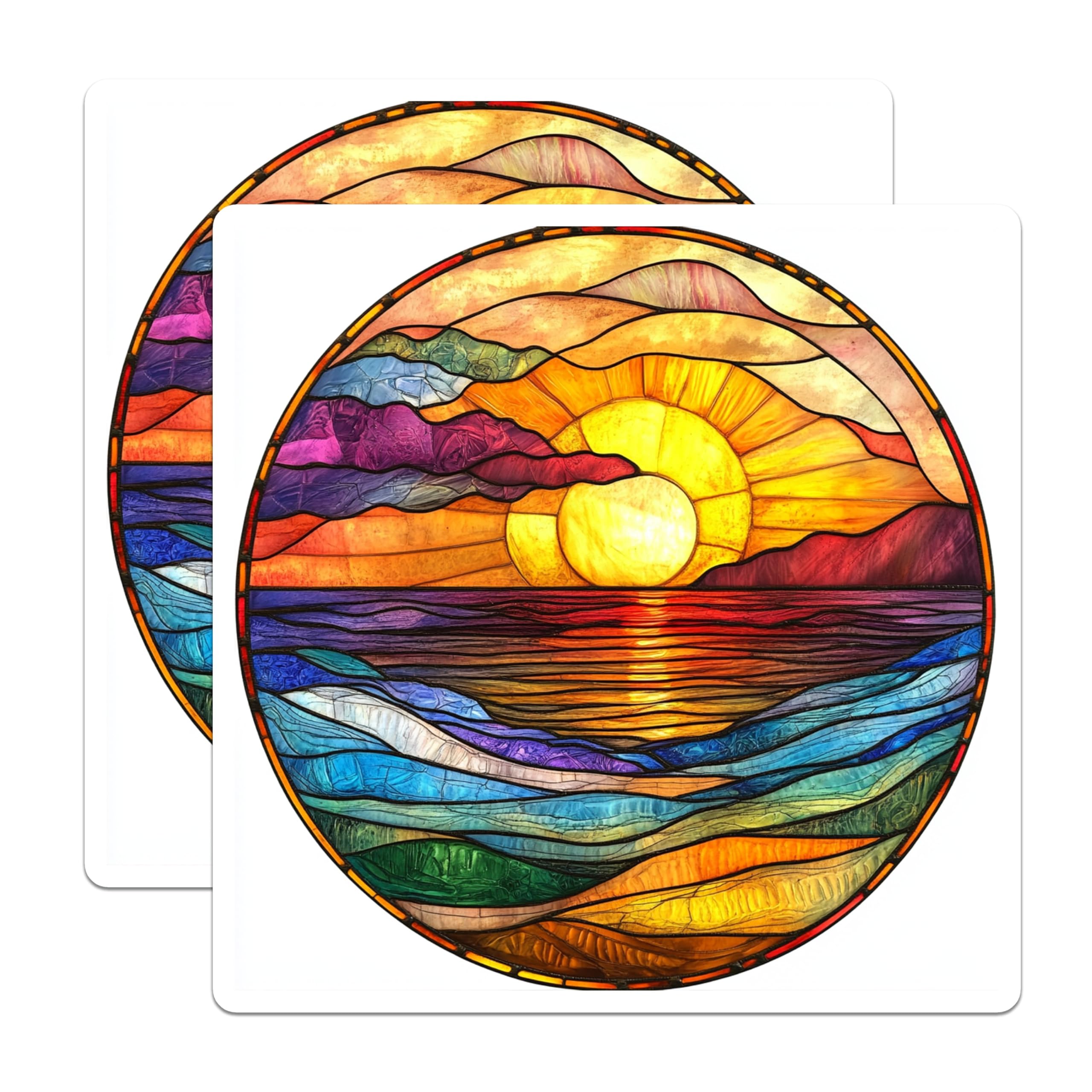 (2 Pack) Stained Glass Sunset Magnets - Ocean Waves Art - Boho Nature Decor - Vibrant Coastal Refrigerator Scene - 5 Inches On Longest Side - Thick Durable Magnet - Made in USA - MAG26234