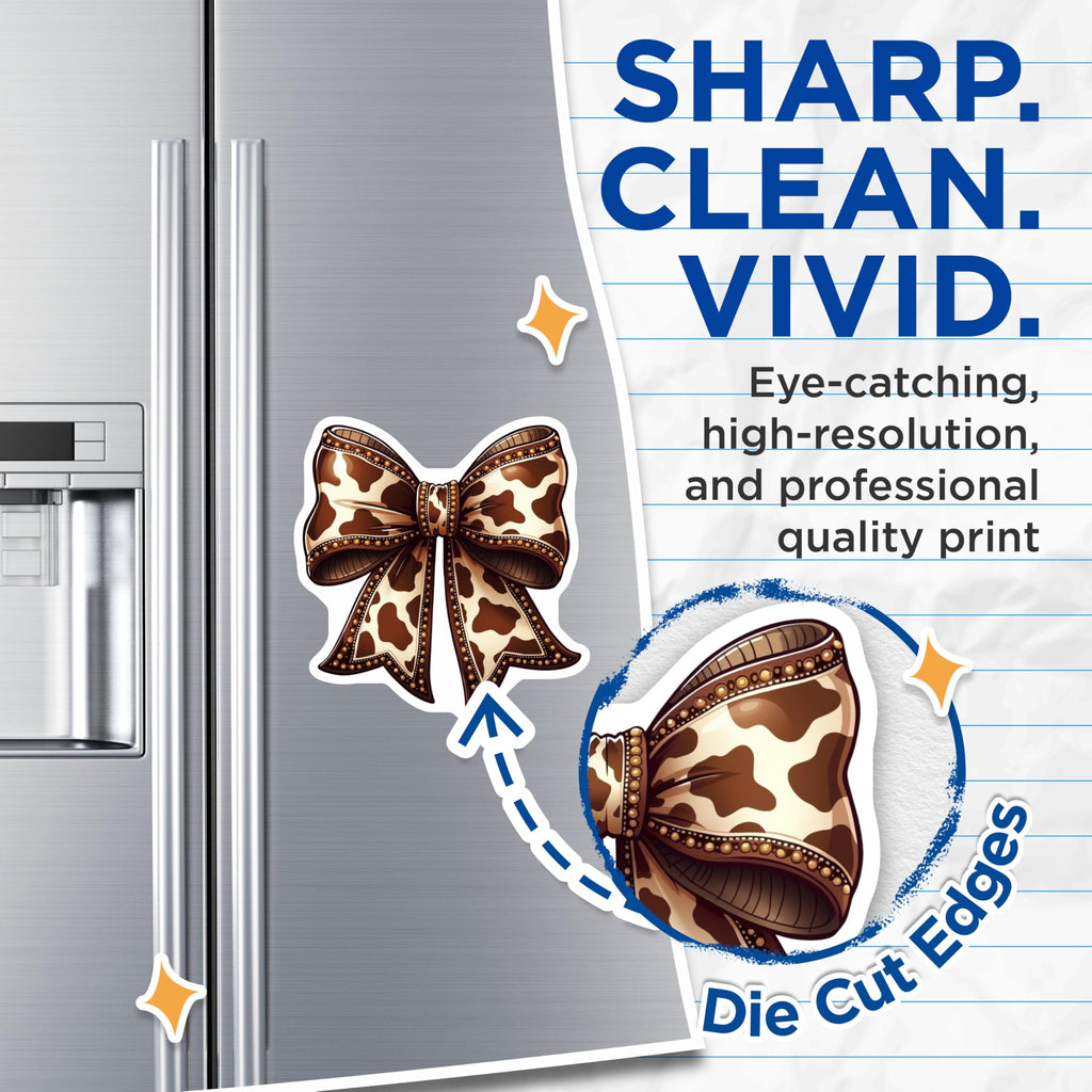(2 Pack) Cow Print Bow Magnets - Farmhouse Magnets - Country Decor Magnets - 5" On Longest Side - Premium Magnet - for Cars, Refrigerators, Toolboxes, Lockers - Made in USA - MAG14421