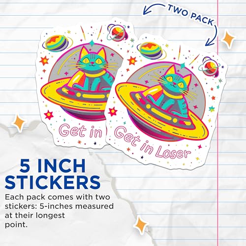 (2 Pack) Cat in Spaceship Stickers - Alien Cat Holographic Stickers - Space Cat Funny Stickers - 5" On Longest Side - Sticks to Any Smooth Flat Surface - Made in USA - BMCS3510