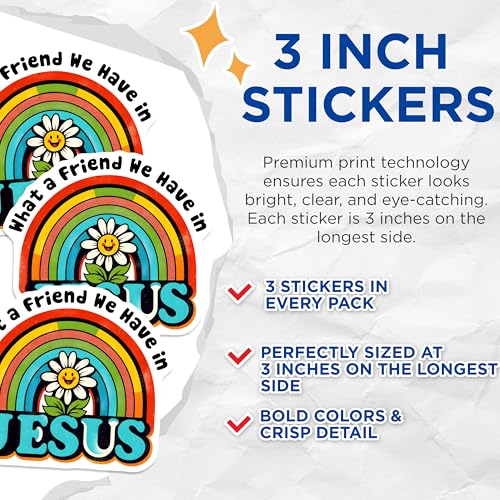 (3 Pack) Christian Decals - Rainbow Jesus Decal - What a Friend We Have in Jesus Decals - 3 Inches On Longest Side - Easy Peel & Apply - Made in USA - 3MCS1895