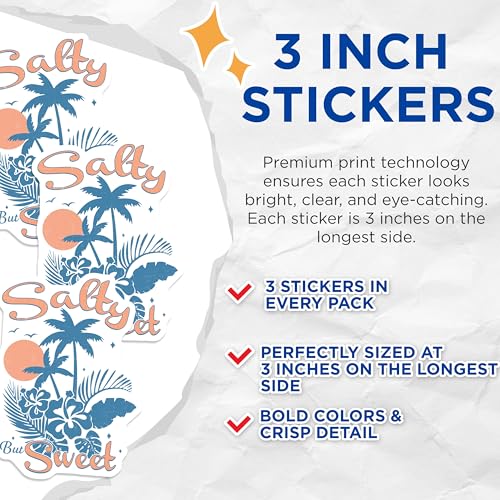 (3 Pack) Salty But Sweet Decals - Tropical Beach Design - Summer Vibes Sticker- 3 Inches On Longest Side - Easy Peel & Apply - Made in USA - 3MCS5839