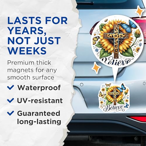 (2 Pack) Believe Magnets - Christian Home Decor - Inspirational Sunflower Cross - 5" On Longest Side - for Cars, Fridges, Toolboxes - Made in USA - MAG7880