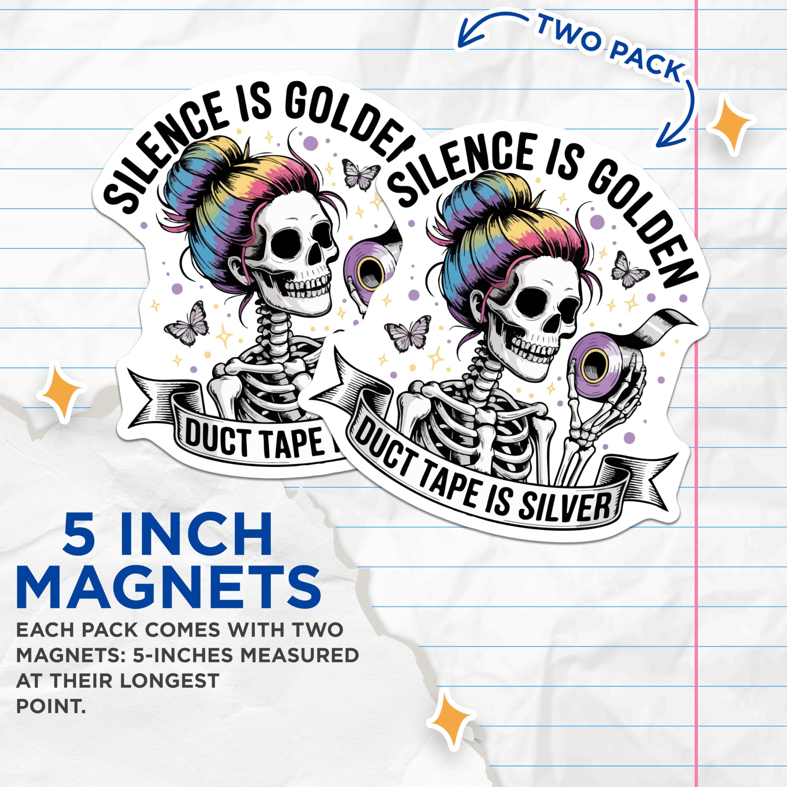 (2 Pack) Skeleton Duct Tape Magnets - Rainbow Hair Sarcastic Quote - Silence Golden Humorous Decor for Kitchen Locker - 5 Inches On Longest Side - Thick Durable Magnet - Made in USA - MAG21525