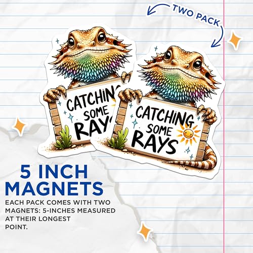 (2 Pack) Catching Some Rays Magnets - Bearded Dragon Art - Fun Reptile - Colorful Animal Magnets - 5" On Longest Side - for Cars, Fridges, Toolboxes - Made in USA - MAG3732