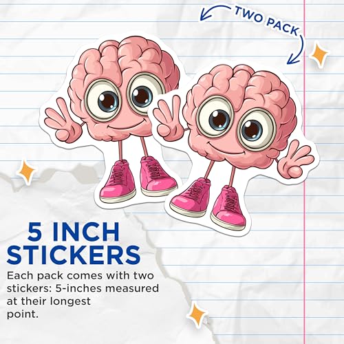 (2 Pack) Funny Brain Stickers - Cute Cartoon Stickers - Pink Brain with Shoes Stickers - 5" On Longest Side - Sticks to Smooth Flat Surfaces - Made in USA - BMCS7003