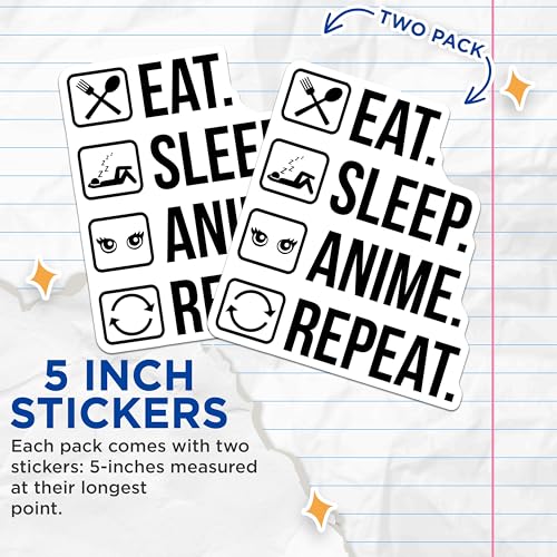 (2 Pack) Eat Sleep Anime Repeat Stickers - Fun Anime Quotes - Anime Lifestyle Stickers - 5" On Longest Side - Sticks to Smooth Flat Surfaces - Made in USA - BMCS5725