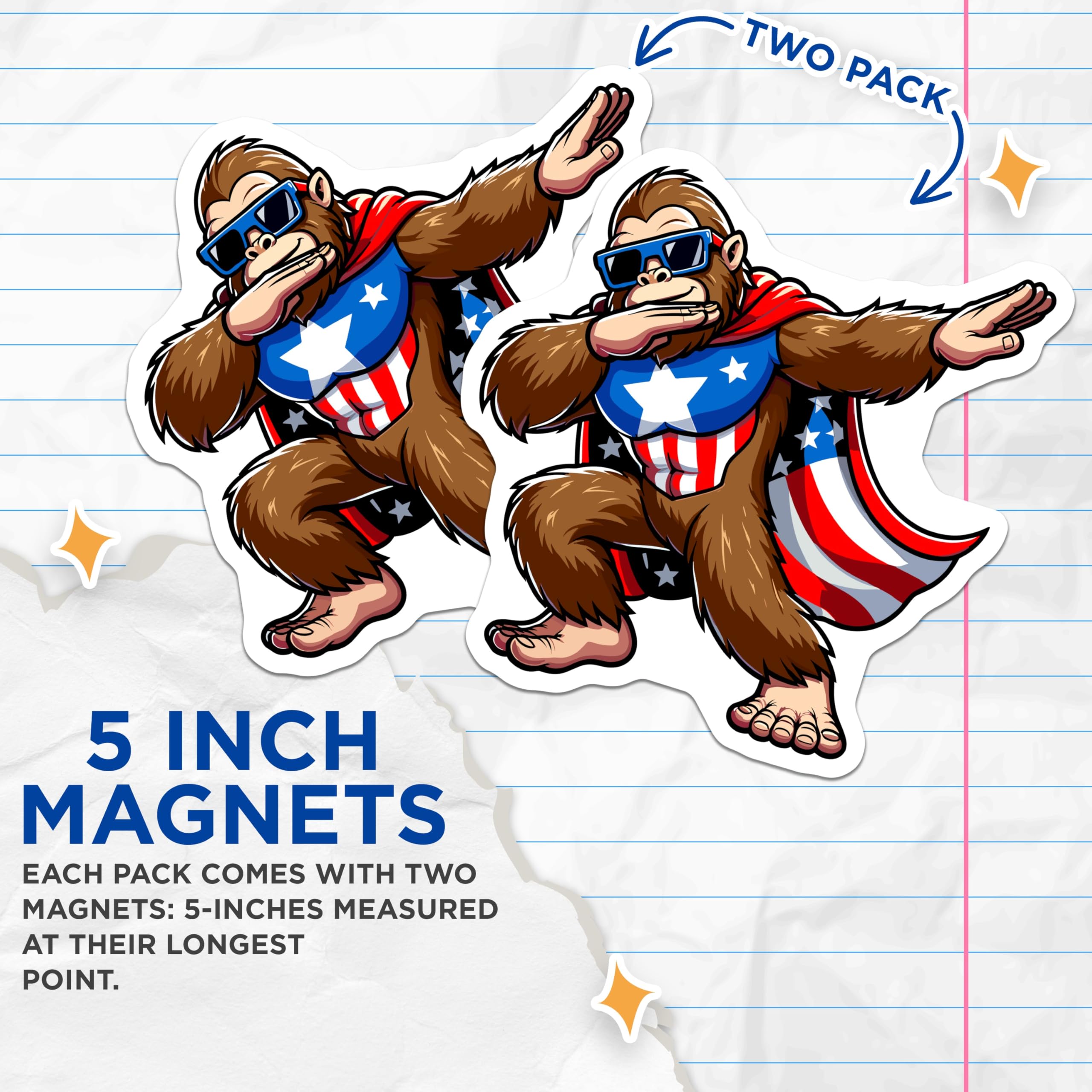(2 Pack) Bigfoot Dabbing Magnets - Patriotic Sasquatch Superhero - Funny American Flag Fridge Locker Decor - 5 Inches On Longest Side - Thick Durable Magnet - Made in USA - MAG20502