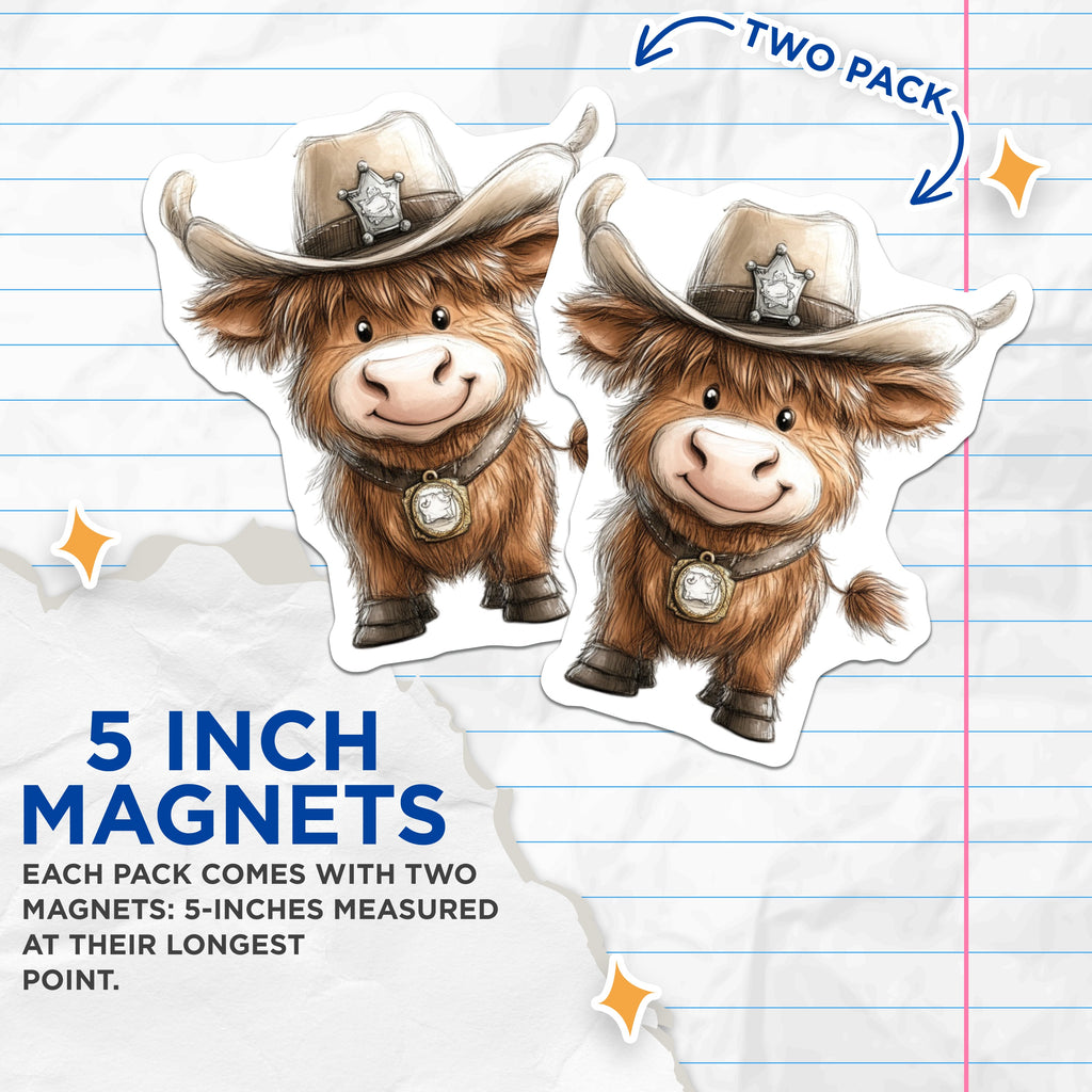 (2 Pack) Cute Highland Cow Magnets - Western Farmhouse Decor - Country Farm Animal Aesthetic Refrigerator Funny Magnet - 5 Inches On Longest Side - Thick Durable Magnet - Made in USA - MAG38792
