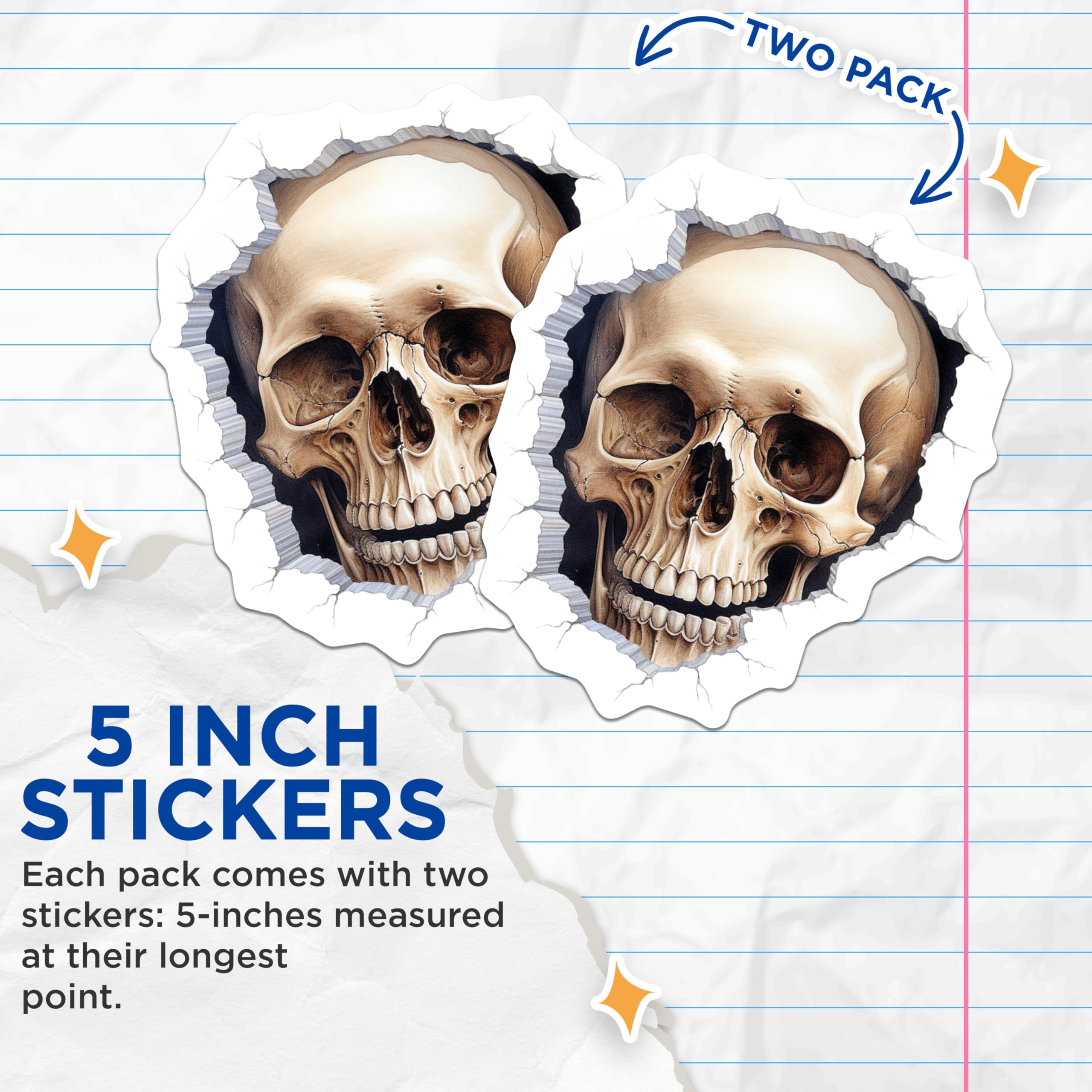 (2 Pack) Realistic Skull Stickers - Cracked Wall Decal - Gothic Art Statement - Macabre Skeleton Head Graphic - 5" On Longest Side - Sticks to Smooth Flat Surfaces - Made in USA - BMCS21398