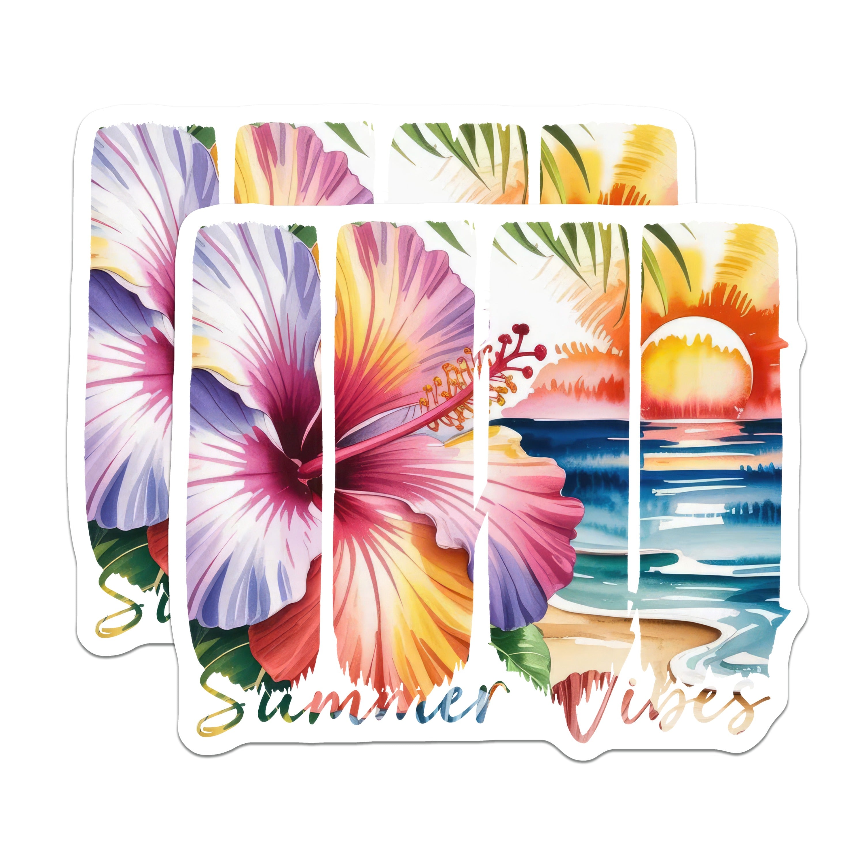 (2 Pack) Summer Vibes Magnets - Tropical Home Decor - Beach Sunset Art - Hibiscus Floral Design - Ocean Scene - 5 Inches On Longest Side - Thick Durable Magnet - Made in USA - MAG39969