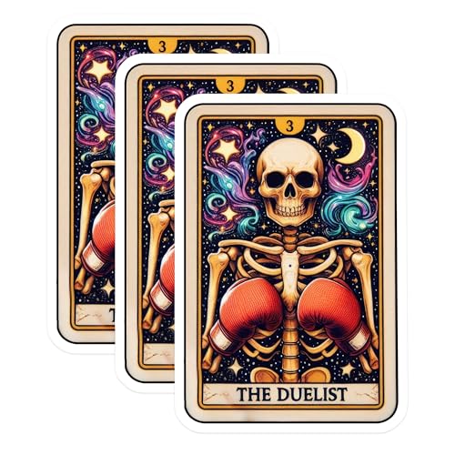 (3 Pack) The Duelist Tarot Decals - Skeleton Boxing - Spooky Laptop Decals - 3 Inches On Longest Side - Easy Peel & Apply - Made in USA - 3MCS4164