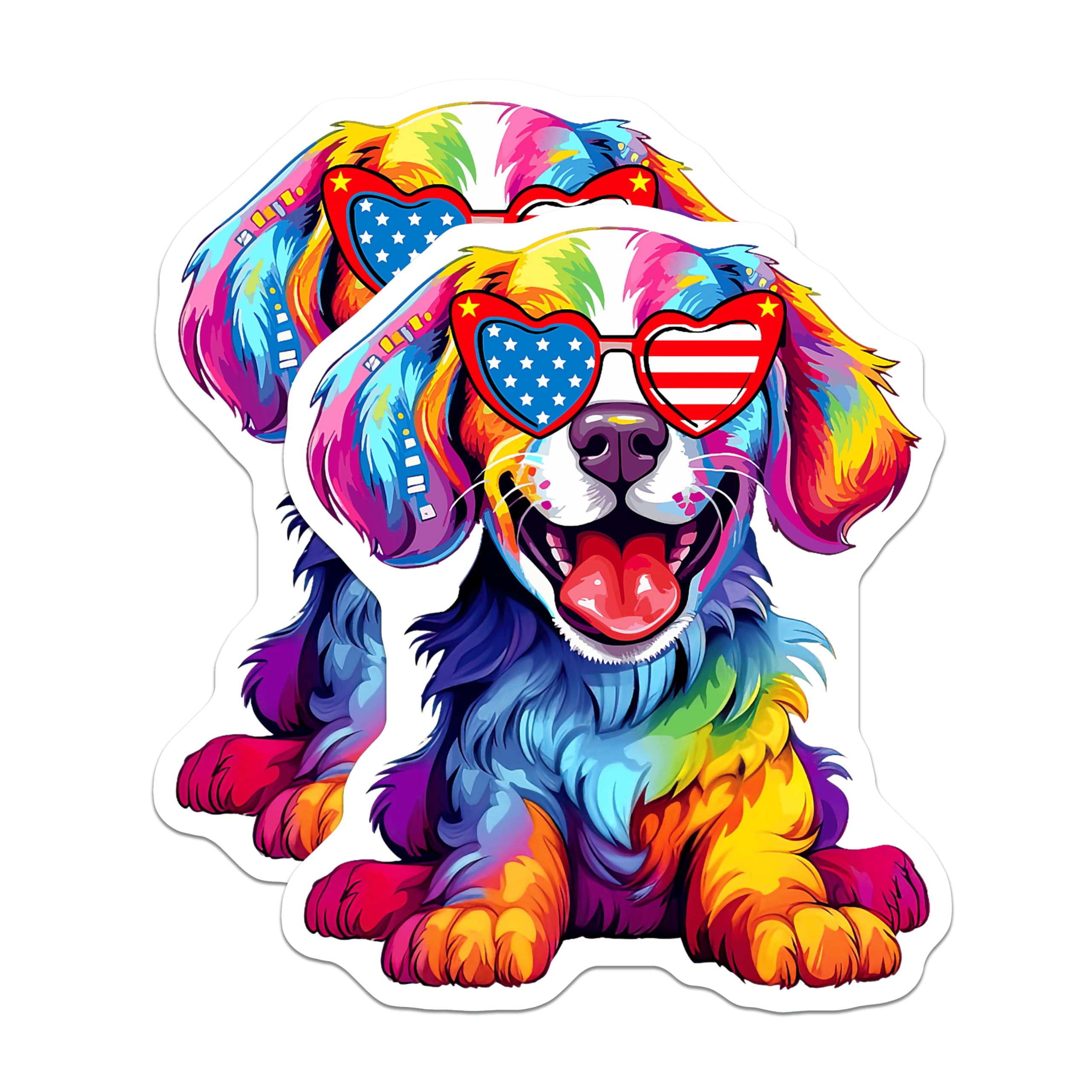 (2 Pack) Vibrant Patriotic Puppy Magnets - American Flag Heart Sunglasses Dog - Rainbow Pop Art Animal Decor for Fridge - 5 Inches On Longest Side - Thick Durable Magnet - Made in USA - MAG24234
