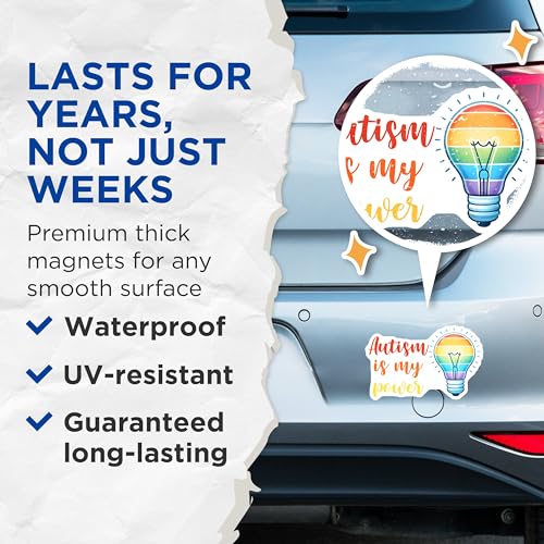 (2 Pack) Autism is My Power Magnets - Inspirational Quote Magnets - Light Bulb Design Magnets for Awareness - 5" On Longest Side - for Cars, Refrigerators, Toolboxes, Lockers - Made in USA BMCS3215