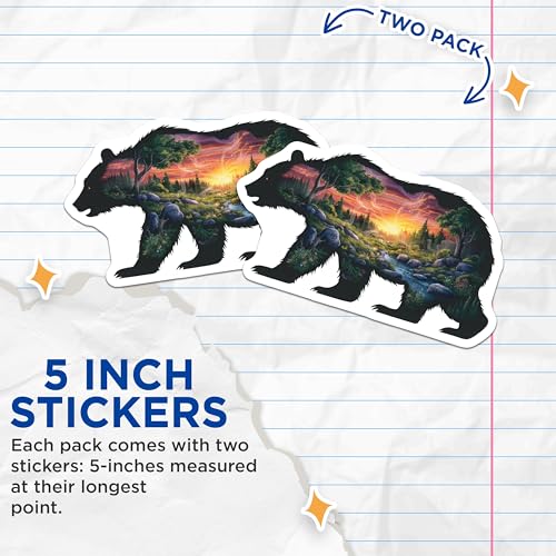 (2 Pack) Bear Silhouette Nature Stickers - Wildlife Art - Scenic Forest Bear Decal - 5" On Longest Side - Sticks to Smooth Flat Surfaces - Made in USA - BMCS6988